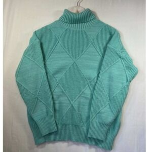 Vintage Chunky Knit Turtleneck Sweater Aqua Seafoam Green Diamond Argyle Texture